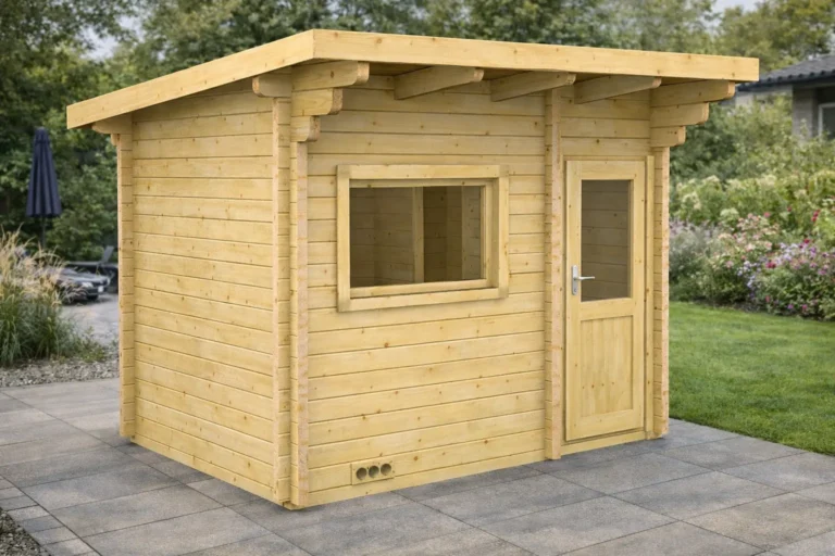 Venkovní finská sauna s odpočívarnou a pultovou střechou Tundra Log 4