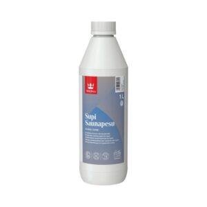 Kyselý čistič saun Tikkurila Supi Saunapesu (1 l) efektivně odstraňuje vodní kámen a nečistoty bez použití chlóru. Bezpečný certifikát M1 získáte na V sauně!